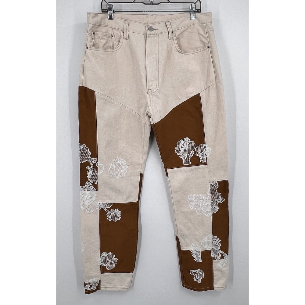 Mnml Jeans Mens 34 Fits 36x32 Brown Patchwork Rose Lace Baggy Denim Pants Floral
